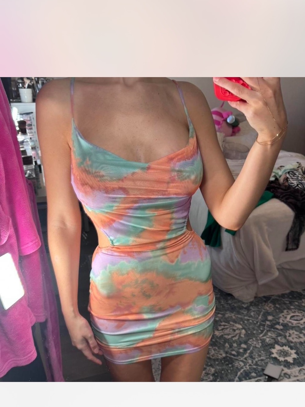 American Threads Orange & Mint Tie-Dye Cowl Neck Mini Dress